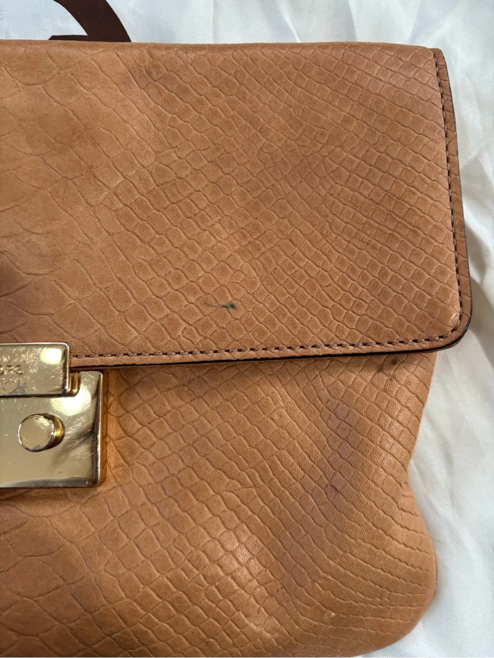 Authentic Michael Kors Cognac Textured Leather Shoulder Bag with Gold Chain